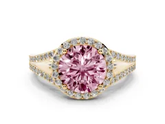Fancy Pink Round Cut Diamond Halo Split Shank Ring Set in Yellow gold with Accent Stones and Prong Setting