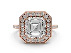 Asscher Cut Diamond Halo Ring Set in Rose gold with Accent-Lined Split Shank and Prong Setting