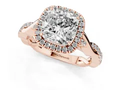 Cushion Cut Diamond Halo Twist Band Solitaire Ring Set in Rose gold with Prong Setting