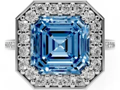 Fancy Blue Asscher Cut Diamond Halo Ring Set in Platinum with Accent-Lined Split Shank and Prong Setting