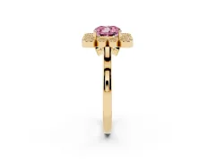 Fancy Pink Cushion Cut Diamond Cluster Halo Ring Set in Yellow gold with Milgrain Bezel Accents and Plain Band