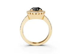 Fancy Black Round Cut Diamond Halo Ring Set in Yellow gold with Pavé Shank and Prong Setting