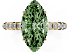 Fancy Green Marquise Cut Diamond Solitaire Engagement Ring Set in Yellow gold with Pavé Band and Prong Setting