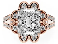 Radiant Cut Diamond Floral Halo Split Shank Engagement Ring Set in Rose gold with Pavé Shank
