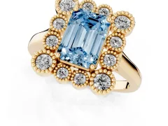 Fancy Blue Emerald Cut Diamond Cluster Halo Ring Set in Yellow gold with Milgrain Bezel Accents and Plain Band