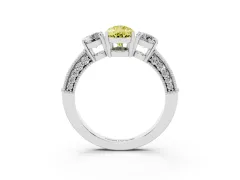 Fancy Yellow Pear Cut Diamond Three-Stone Ring Set in Platinum with Round Side Stones and Pavé Band