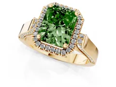Fancy Green Radiant Cut Diamond Halo Ring Set in Yellow gold with Pavé-Lined Split Shank Band
