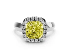Fancy Yellow Cushion Cut Diamond Halo Solitaire Engagement Ring Set in Silver with Square Band and Prong Setting