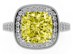 Fancy Yellow Cushion Cut Diamond Milgrain Halo Solitaire Ring Set in Silver with Bezel Set Side Stones and Pavé Band