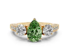 Fancy Green Pear Cut Diamond Three-Stone Ring Set in Yellow gold with Round Side Stones and Pavé Band