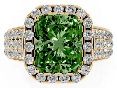 Fancy Green Radiant Cut Diamond Halo Ring Set in Yellow gold with Pavé Band and Raised Center Setting