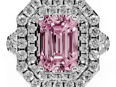 Fancy Pink Emerald Cut Diamond Double Halo Ring Set in White gold with Pavé Split Shank and Prong Setting