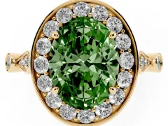 Fancy Green Oval Cut Diamond Halo Engagement Ring Set in Yellow gold with Twisted Band and Prong Setting