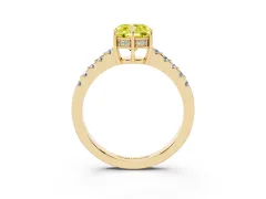 Fancy Yellow Cushion Cut Diamond Solitaire Engagement Ring Set in Yellow gold with Pavé Band and Prong Setting