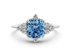 Fancy Blue Cushion Cut Diamond Cluster Ring Set in Silver with Beaded Band