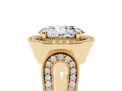 Oval Cut Diamond Halo Ring Set in Yellow gold with Milgrain Accent Split Shank
