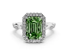 Fancy Green Emerald Cut Diamond Halo Twist Band Solitaire Ring Set in Platinum with Prong Setting