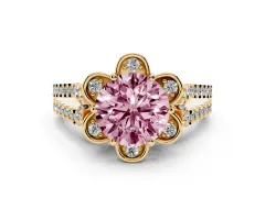 Fancy Pink Round Cut Diamond Floral Halo Split Shank Engagement Ring Set in Yellow gold with Pavé Shank