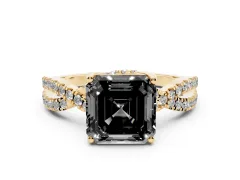 Fancy Black Asscher Cut Diamond Twist Pavé Solitaire Engagement Ring Set in Yellow gold with Prong Setting