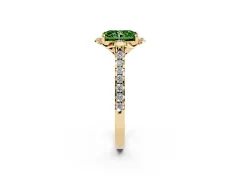 Fancy Green Radiant Cut Diamond Solitaire Ring Set in Yellow gold with Pavé Band and Floral Prong Setting