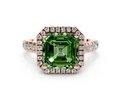 Fancy Green Asscher Cut Diamond Halo Engagement Ring Set in Rose gold with Pavé Band and Prong-Set Center