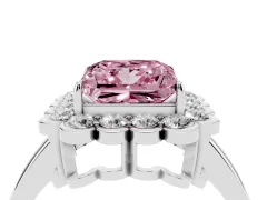 Fancy Pink Princess Cut Diamond Halo Cluster Engagement Ring Set in Platinum with Solitaire Band and Prong Setting