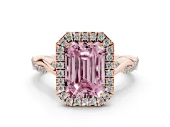 Fancy Pink Emerald Cut Diamond Halo Twist Band Solitaire Ring Set in Rose gold with Prong Setting