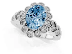 Fancy Blue Oval Cut Diamond Solitaire Ring Set in Platinum with Milgrain Pavé Heart Band