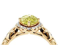Fancy Yellow Marquise Cut Diamond Halo Ring Set in Yellow gold with Filigree Leaf Band and Prong Setting