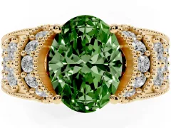 Fancy Green Oval Cut Diamond Milgrain Halo Pavé Engagement Ring Set in Yellow gold with Prong Setting