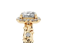 Cushion Cut Diamond Halo Ring Set in Yellow gold with Filigree Leaf Band and Prong Setting