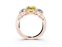 Fancy Yellow Asscher Cut Diamond Three-Stone Ring Set in Rose gold with Round Side Stones and Classic Band