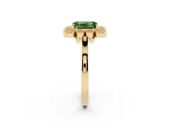 Fancy Green Emerald Cut Diamond Cluster Halo Ring Set in Yellow gold with Milgrain Bezel Accents and Plain Band