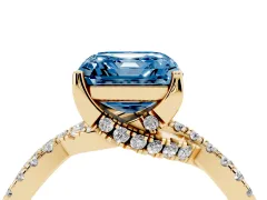 Fancy Blue Asscher Cut Diamond Twist Pavé Solitaire Engagement Ring Set in Yellow gold with Prong Setting