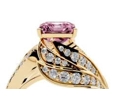 Fancy Pink Asscher Cut Diamond Solitaire Ring Set in Yellow gold with Layered Twist Pavé Band