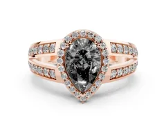 Fancy Black Pear Cut Diamond Halo Ring Set in Rose gold with Double Pavé Split Shank