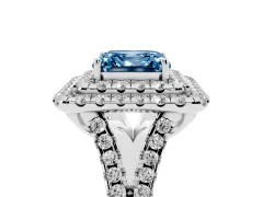 Fancy Blue Asscher Cut Diamond Double Halo Ring Set in Platinum with Pavé Split Shank and Prong Setting