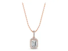 Emerald Cut Diamond Halo Pendant Set in Rose gold with Prong-Set Center