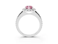Fancy Pink Cushion Cut Diamond Pavé Halo Ring Set in White gold with Prong Setting