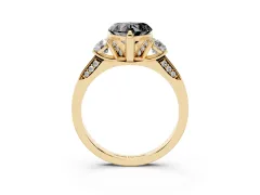 Fancy Black Heart Cut Diamond Three-Stone Ring Set in Yellow gold with Pavé Band and Smaller Side Stones