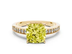 Fancy Yellow Cushion Cut Diamond Pavé Band Prong Set Solitaire Ring Set in Yellow gold
