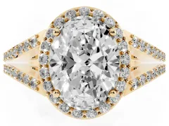 Oval Cut Diamond Halo Split Shank Pavé Ring Set in Yellow gold with Prong Setting