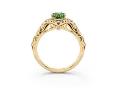 Fancy Green Oval Cut Diamond Solitaire Ring Set in Yellow gold with Hidden Halo and Pavé Band