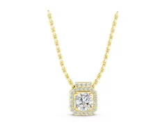 Round Diamond Halo Pendant Set in Yellow gold with Prong-Set Center and Halo