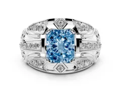 Fancy Blue Radiant Cut Diamond Art Deco Ring Set in Platinum with Pavé Split Shank