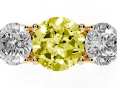 Fancy Yellow Round Cut Diamond Three-Stone Ring Set in Yellow gold with Prong Setting and Plain Band
