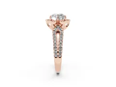 Round Cut Diamond Floral Halo Split Shank Engagement Ring Set in Rose gold with Pavé Shank