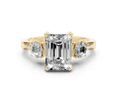 Fancy Yellow Emerald Cut Diamond Three-Stone Ring Set in Yellow gold with Pavé Band and Smaller Side Stones
