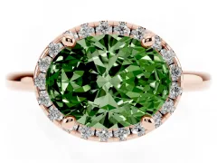Fancy Green Oval Cut Diamond Halo Engagement Ring Set in Rose gold with Pavé Band and Rising Shoulders