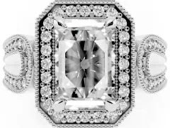 Emerald Cut Diamond Halo Ring Set in Silver with Milgrain Accent Split Shank